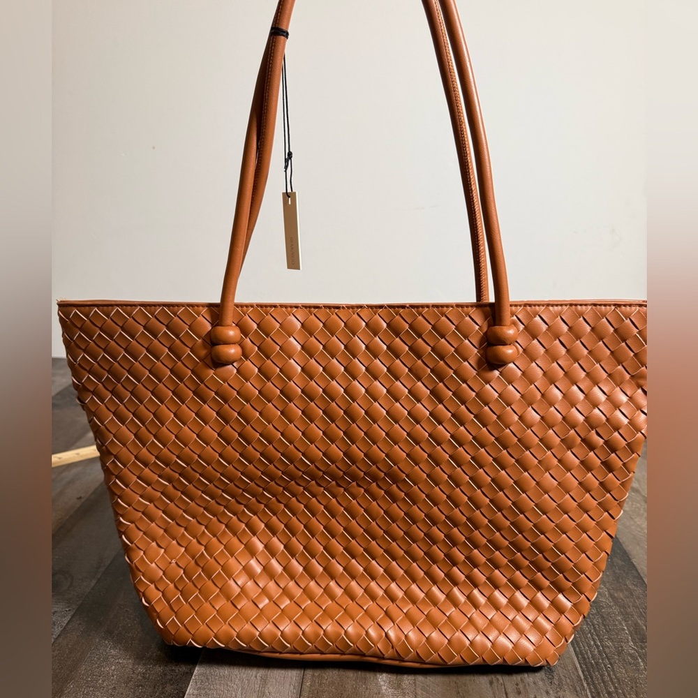 Remi‎ Reid Cognac Woven Tote Bag | Quiet Luxury Leather Look Italian Inspired